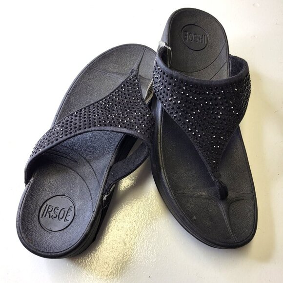 Black Size 8 Gold Crystal Sandals Wedge Heel Arch Support Comfy Flip Flops - Picture 13 of 13